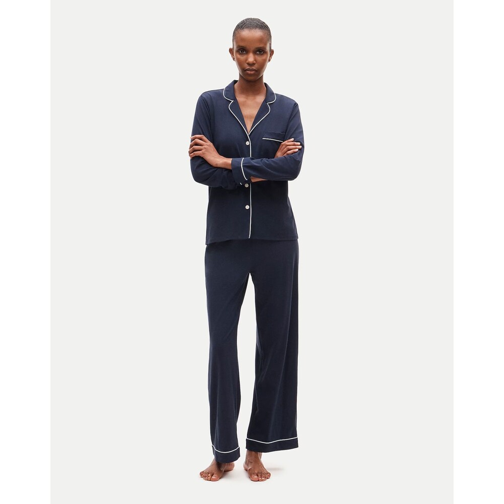 J.CREW Dreamy Cotton-Blend Pajama Top S Navy Blue Button-Up Stretch NWT A3